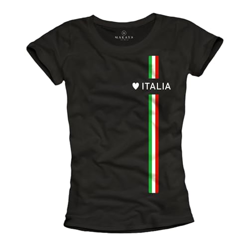 MAKAYA Damen T-Shirt Italien Fahne mit Herz Italy Italienische Flagge Mode Italiensch Italia Top Schwarz L
